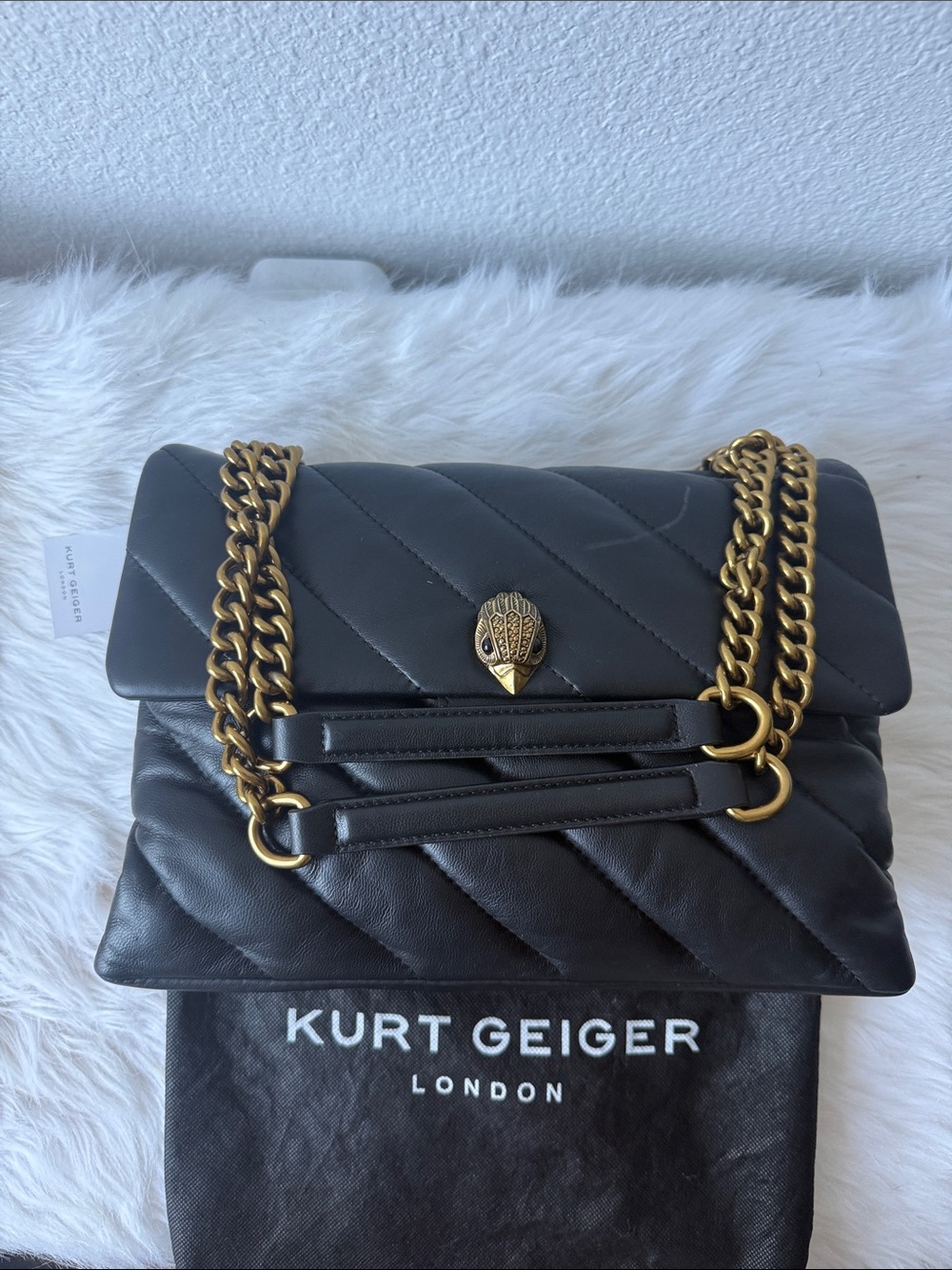 Kurt Geiger Black Quilted Leather Shoulder Bag with Gold Chain